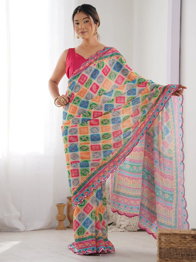 Dazzling Multi-Color Digital Printed Chinon Saree With Blouse